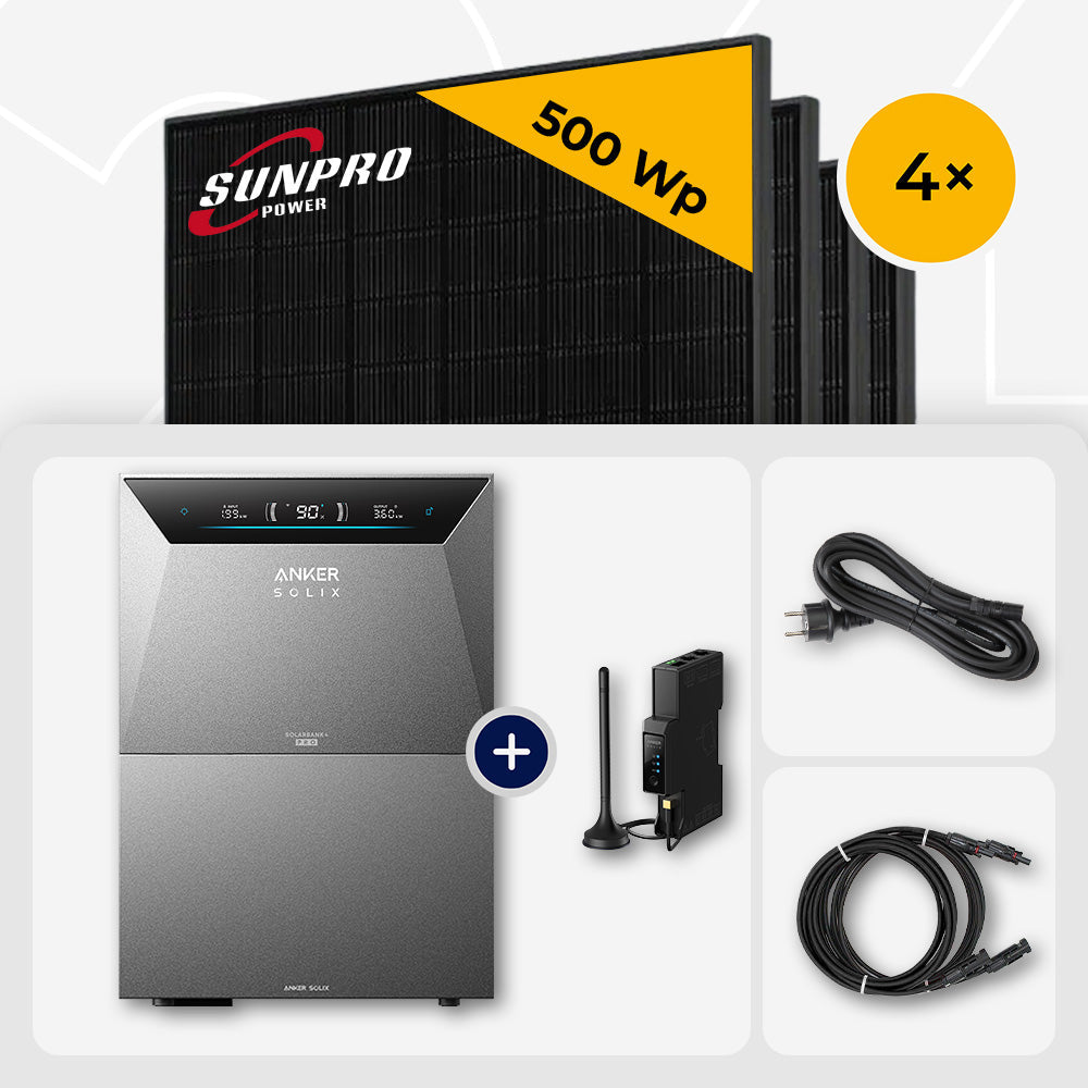 2000 Wp Balkonkraftwerk mit Speicher – 4x SunPro 500 Wp Full Black bifazial & Anker Solix Solarbank 4 Pro