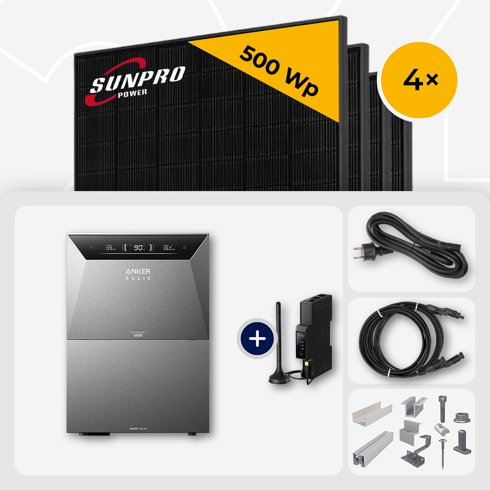 2000 Wp Balkonkraftwerk mit Speicher – 4x SunPro 500 Wp Full Black bifazial & Anker Solix Solarbank 4 Pro