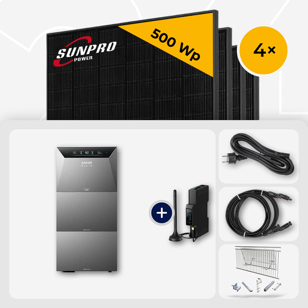 2000 Wp Balkonkraftwerk mit Speicher – 4x SunPro 500 Wp Full Black bifazial & Anker Solix Solarbank 4 Pro