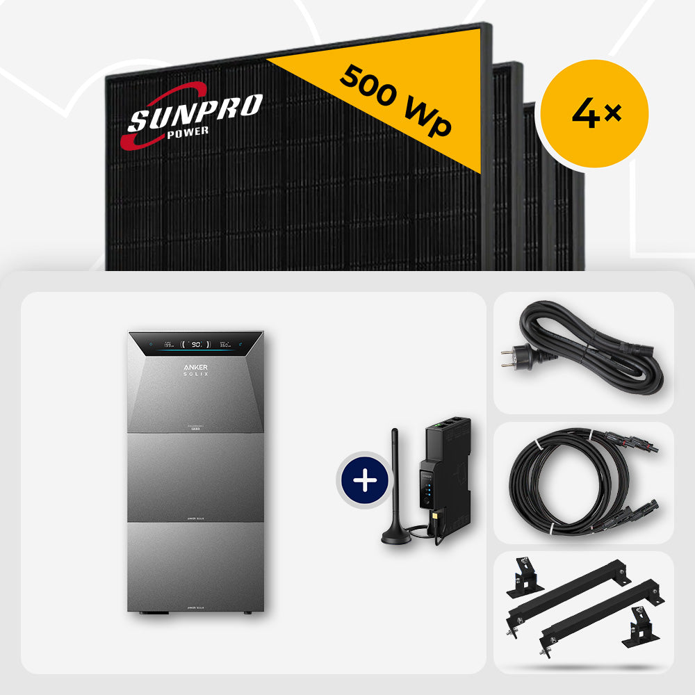 2000 Wp Balkonkraftwerk mit Speicher – 4x SunPro 500 Wp Full Black bifazial & Anker Solix Solarbank 4 Pro