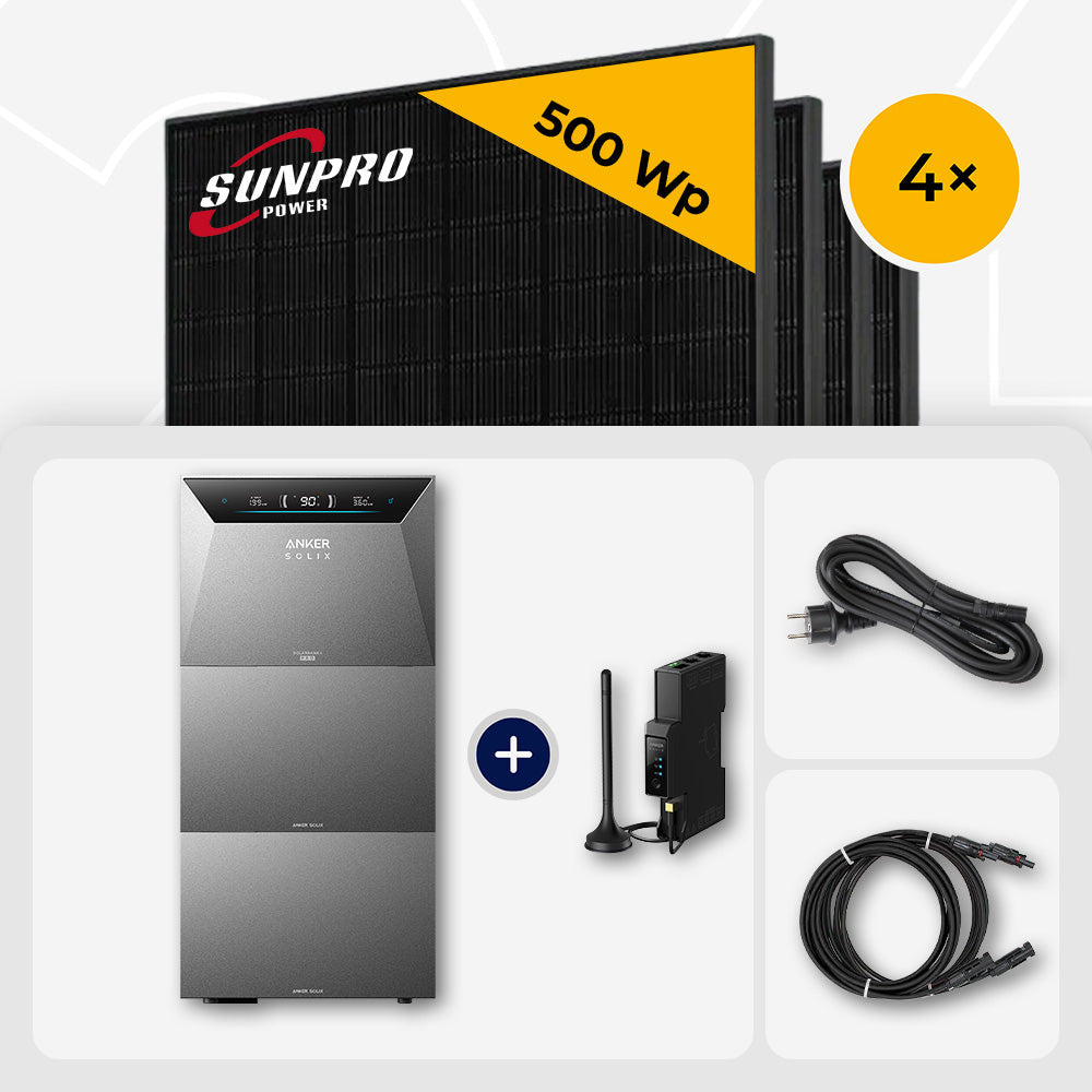 2000 Wp Balkonkraftwerk mit Speicher – 4x SunPro 500 Wp Full Black bifazial & Anker Solix Solarbank 4 Pro