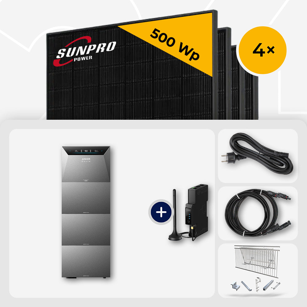 2000 Wp Balkonkraftwerk mit Speicher – 4x SunPro 500 Wp Full Black bifazial & Anker Solix Solarbank 4 Pro