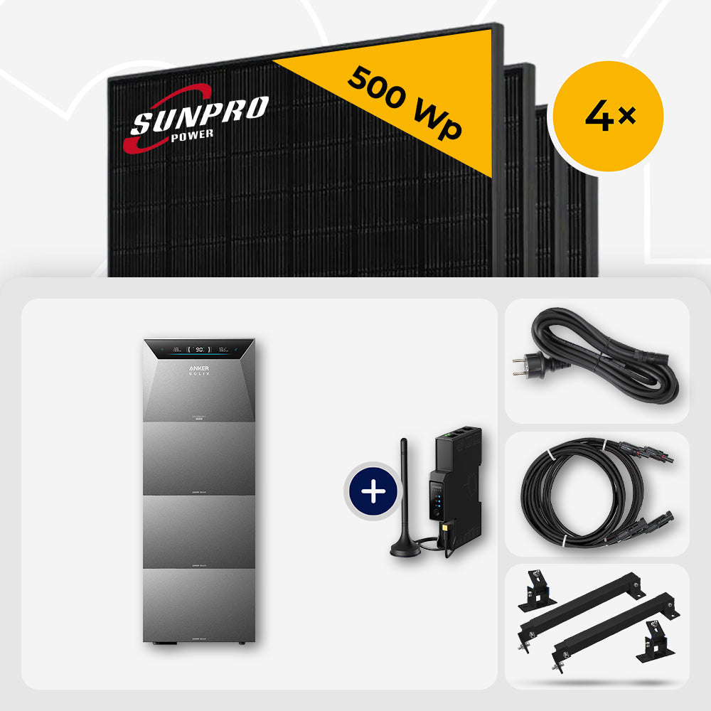 2000 Wp Balkonkraftwerk mit Speicher – 4x SunPro 500 Wp Full Black bifazial & Anker Solix Solarbank 4 Pro