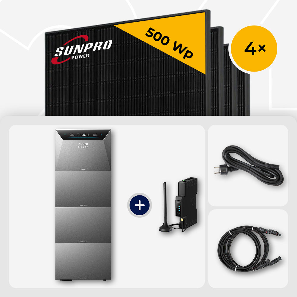 2000 Wp Balkonkraftwerk mit Speicher – 4x SunPro 500 Wp Full Black bifazial & Anker Solix Solarbank 4 Pro