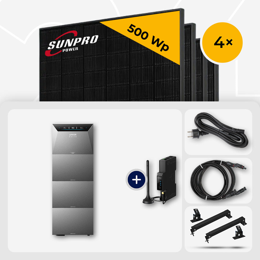 2000 Wp Balkonkraftwerk mit Speicher – 4x SunPro 500 Wp Full Black bifazial & Anker Solix Solarbank 4 Pro