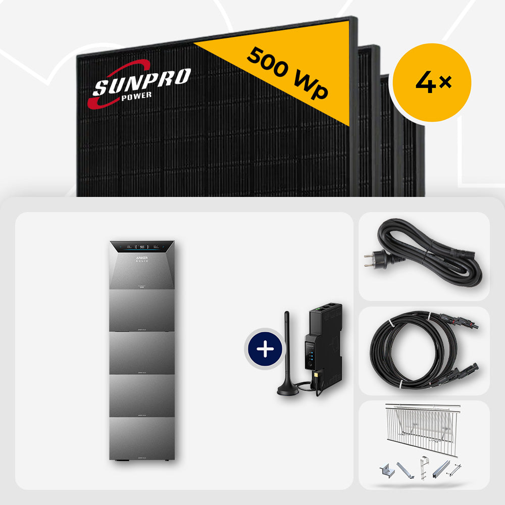 2000 Wp Balkonkraftwerk mit Speicher – 4x SunPro 500 Wp Full Black bifazial & Anker Solix Solarbank 4 Pro