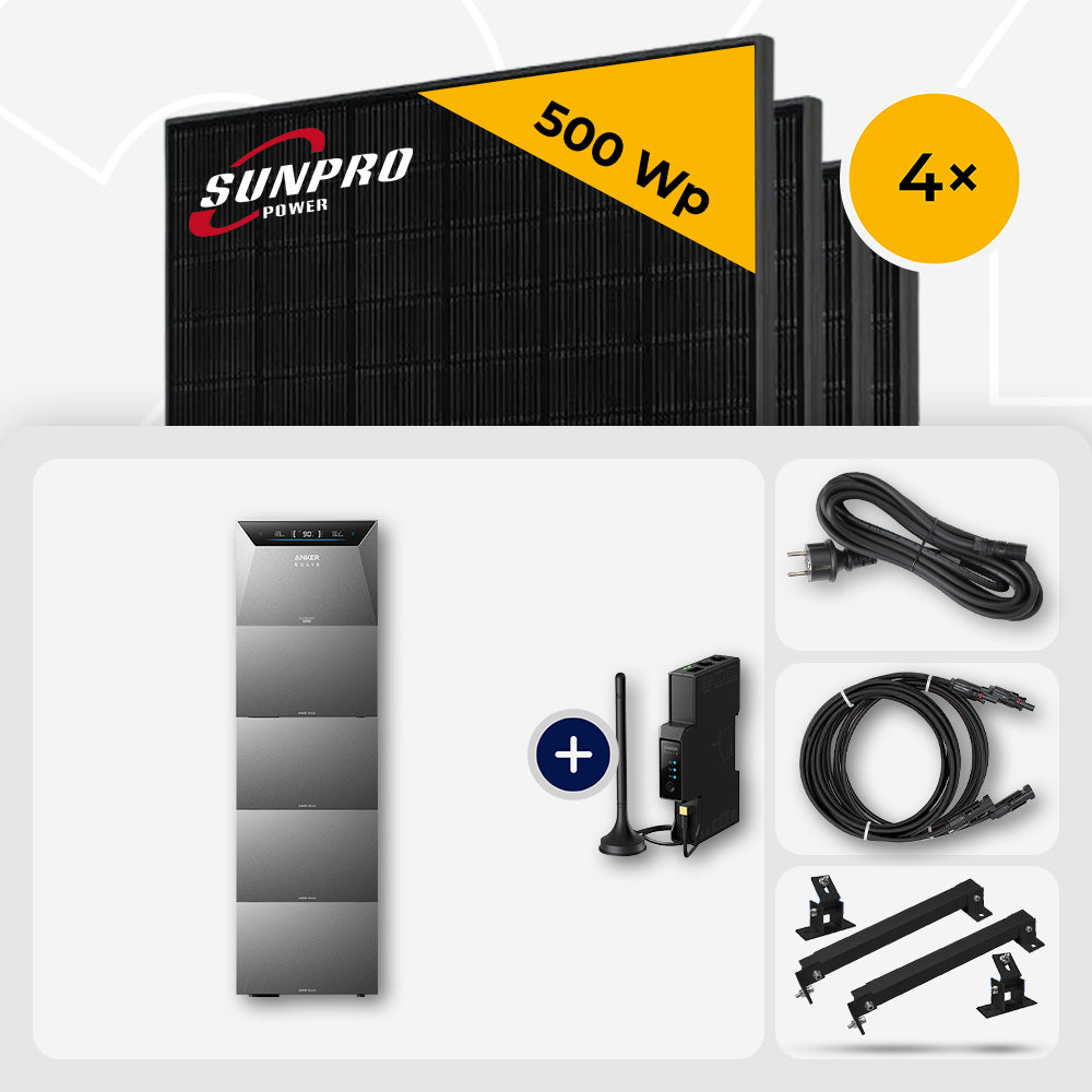 2000 Wp Balkonkraftwerk mit Speicher – 4x SunPro 500 Wp Full Black bifazial & Anker Solix Solarbank 4 Pro