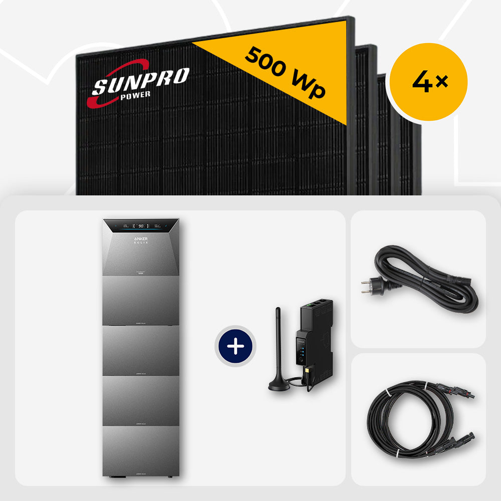 2000 Wp Balkonkraftwerk mit Speicher – 4x SunPro 500 Wp Full Black bifazial & Anker Solix Solarbank 4 Pro