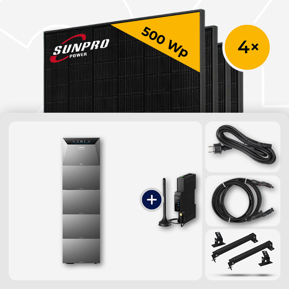 2000 Wp Balkonkraftwerk mit Speicher – 4x SunPro 500 Wp Full Black bifazial & Anker Solix Solarbank 4 Pro