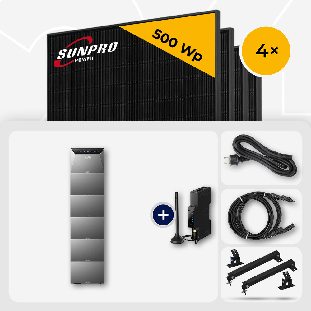 2000 Wp Balkonkraftwerk mit Speicher – 4x SunPro 500 Wp Full Black bifazial & Anker Solix Solarbank 4 Pro