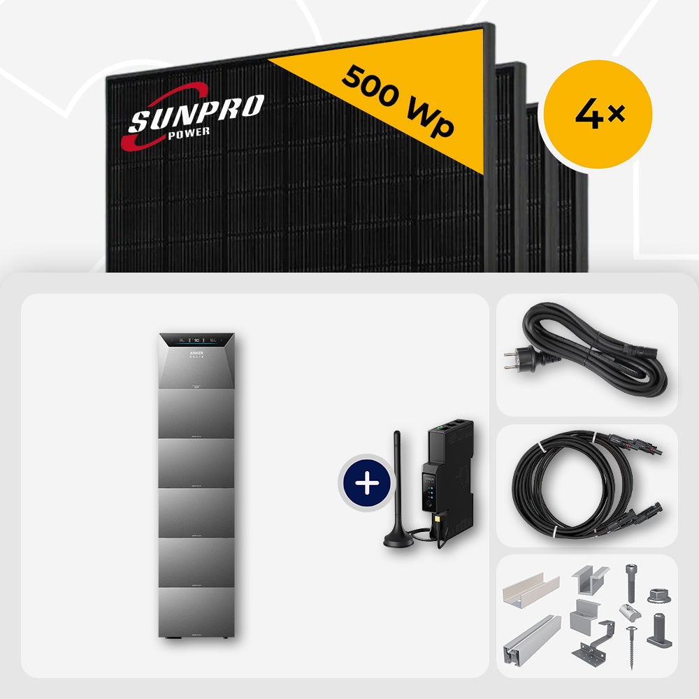2000 Wp Balkonkraftwerk mit Speicher – 4x SunPro 500 Wp Full Black bifazial & Anker Solix Solarbank 4 Pro