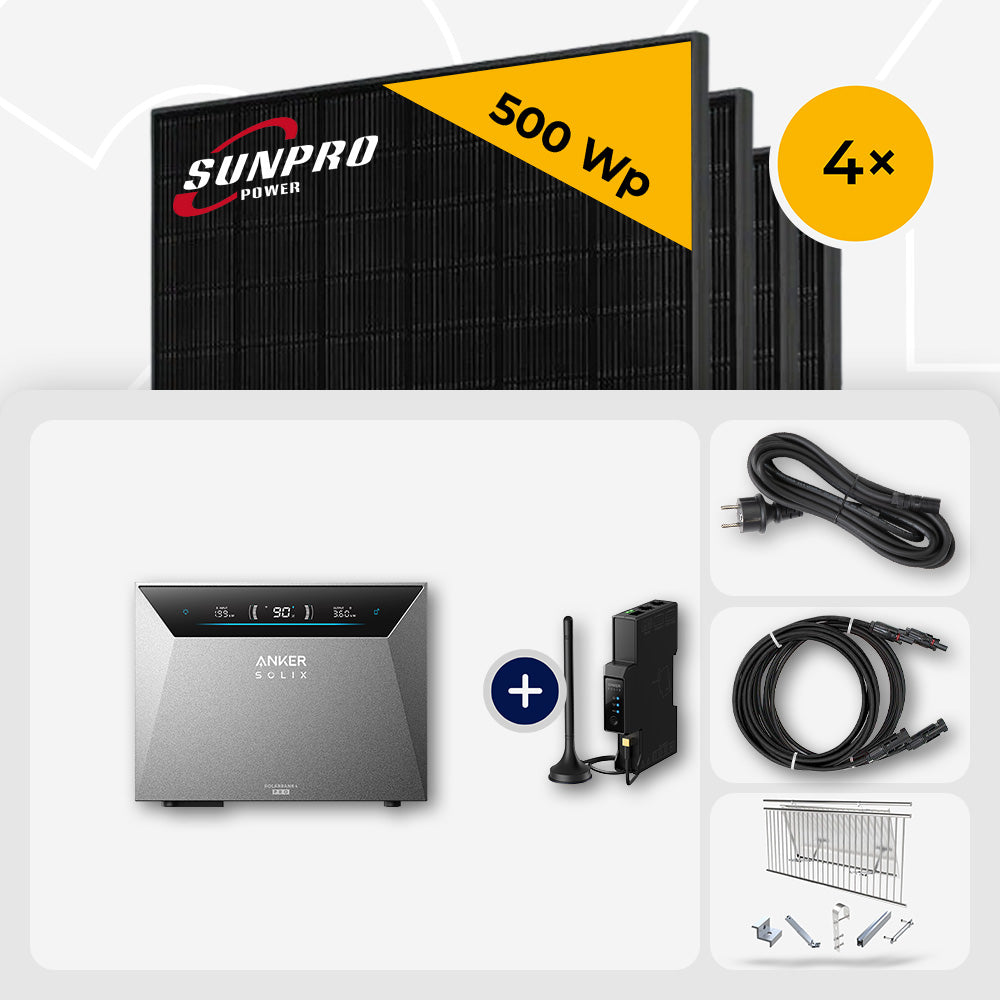 2000 Wp Balkonkraftwerk mit Speicher – 4x SunPro 500 Wp Full Black bifazial & Anker Solix Solarbank 4 Pro