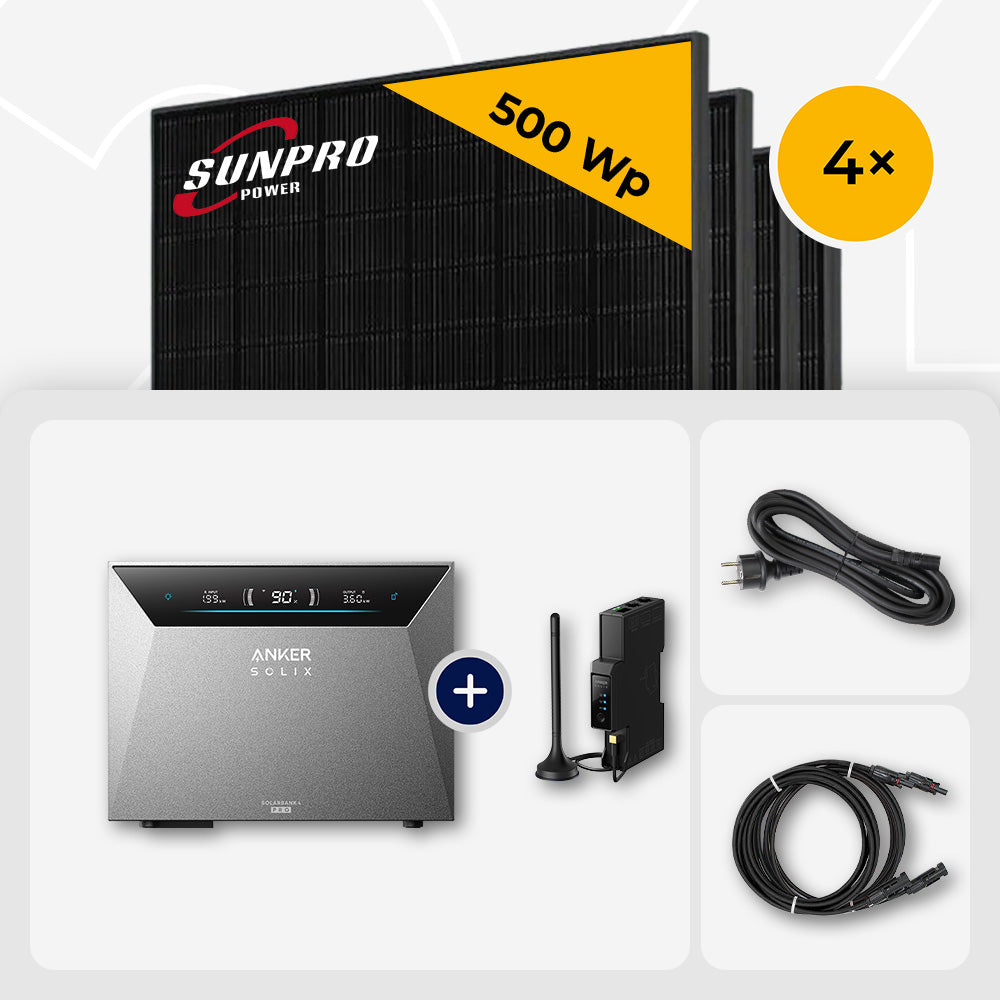 2000 Wp Balkonkraftwerk mit Speicher – 4x SunPro 500 Wp Full Black bifazial & Anker Solix Solarbank 4 Pro