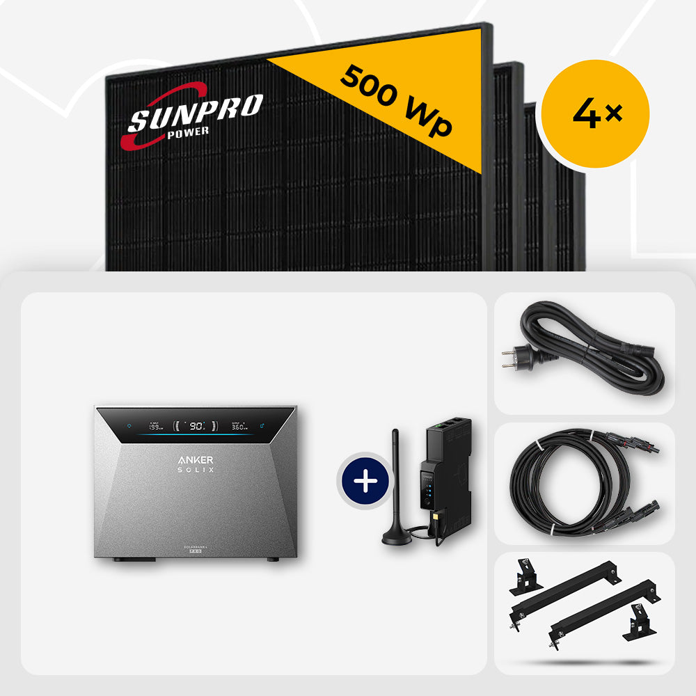 2000 Wp Balkonkraftwerk mit Speicher – 4x SunPro 500 Wp Full Black bifazial & Anker Solix Solarbank 4 Pro