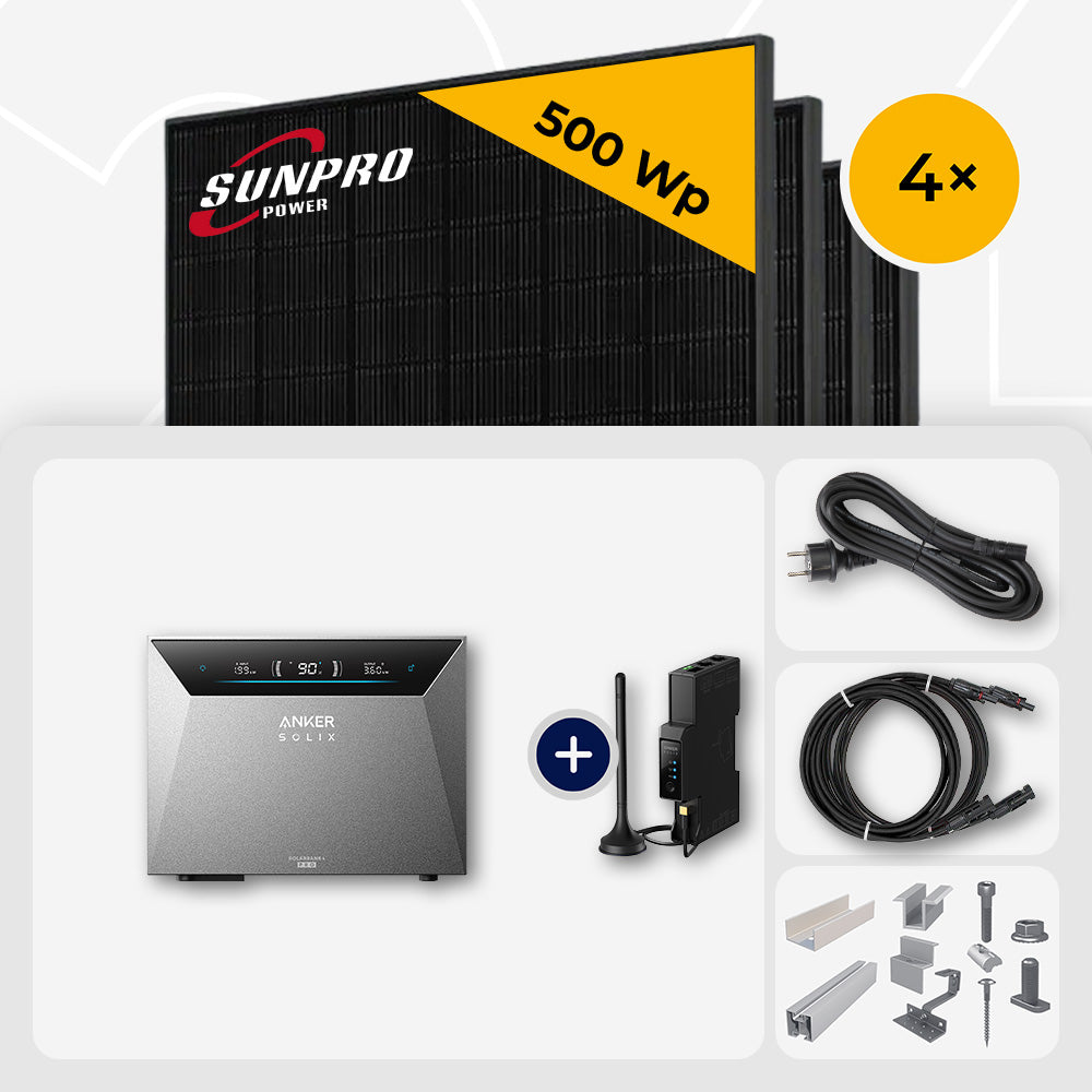2000 Wp Balkonkraftwerk mit Speicher – 4x SunPro 500 Wp Full Black bifazial & Anker Solix Solarbank 4 Pro