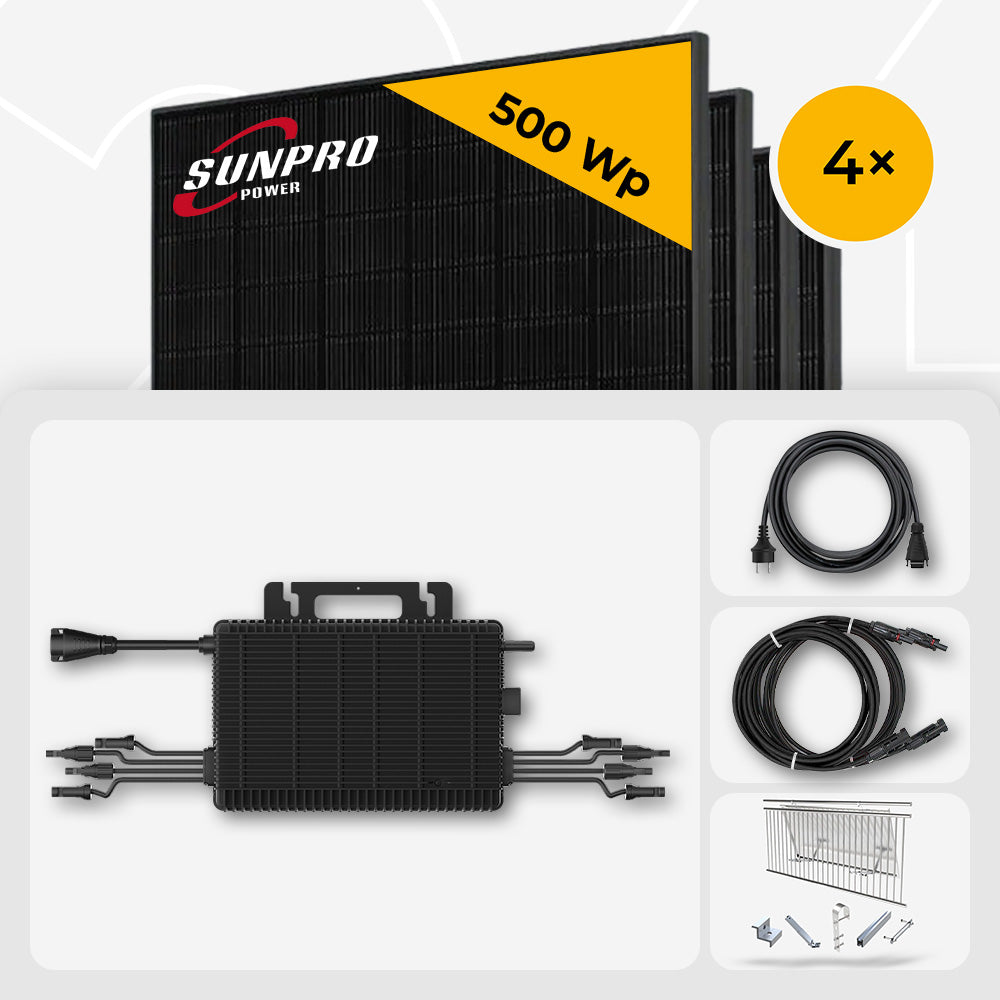 2000 Wp Balkonkraftwerk - 4x SunPro 500 Wp Full Black bifazial & HMS-1600-4WB HF-Pro Wechselrichter