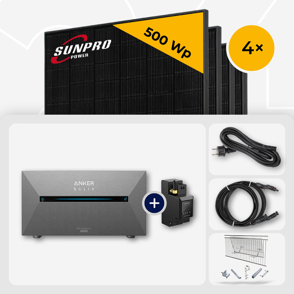 2000 Wp Balkonkraftwerk mit Speicher - 4x SunPro 500 Wp Bifazial Glas-Glas Full Black & Anker Solix Solarbank 2 Pro