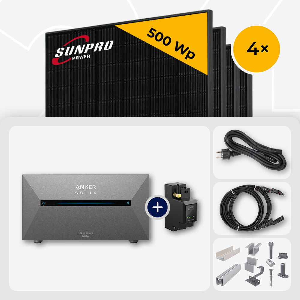 2000 Wp Balkonkraftwerk mit Speicher - 4x SunPro 500 Wp Bifazial Glas-Glas Full Black & Anker Solix Solarbank 2 Pro