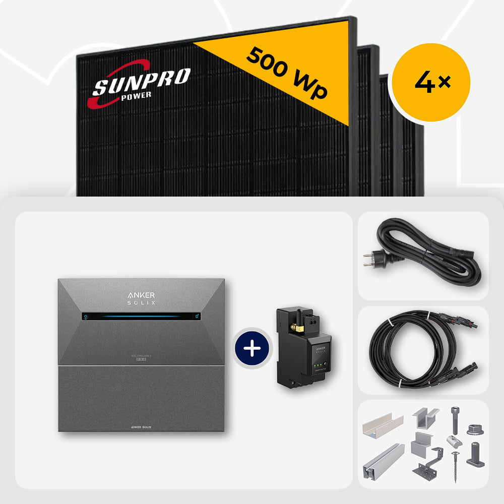 2000 Wp Balkonkraftwerk mit Speicher - 4x SunPro 500 Wp Bifazial Glas-Glas Full Black & Anker Solix Solarbank 2 Pro