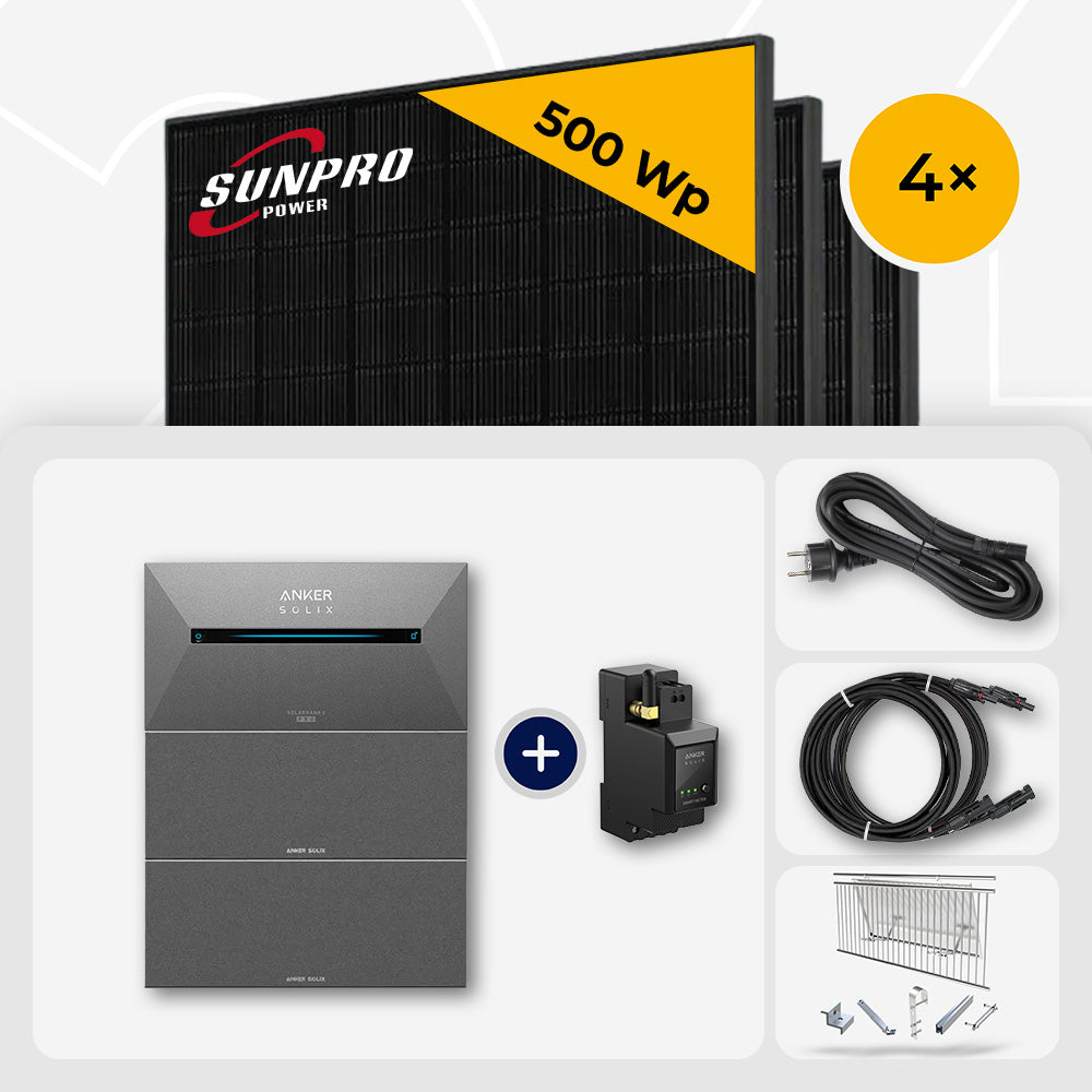 2000 Wp Balkonkraftwerk mit Speicher - 4x SunPro 500 Wp Bifazial Glas-Glas Full Black & Anker Solix Solarbank 2 Pro
