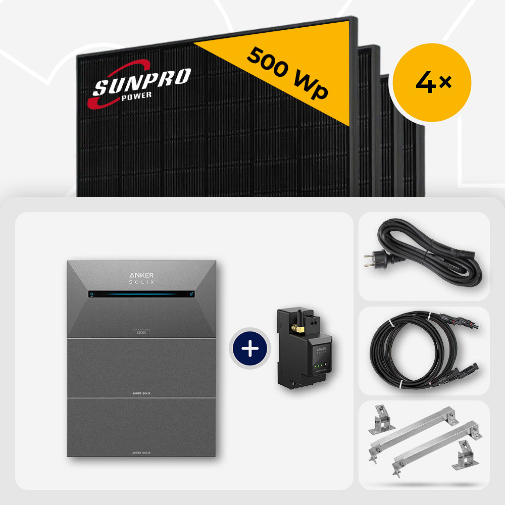 4x SunPro 500 Wp Bifazial Glas-Glas Full Black & Anker Solix Solarbank 2 Pro 4.8 kWh - Flachdach/Wand Edelstahl