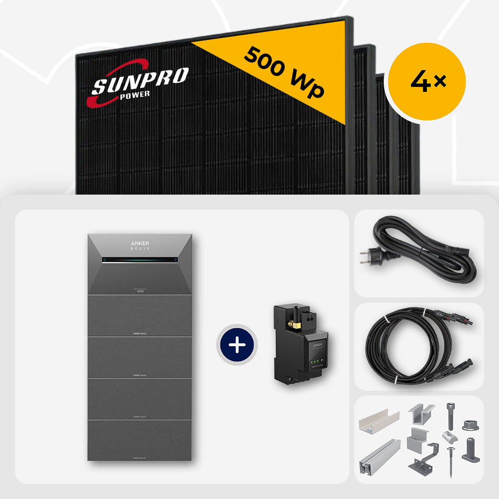 2000 Wp Balkonkraftwerk mit Speicher - 4x SunPro 500 Wp Bifazial Glas-Glas Full Black & Anker Solix Solarbank 2 Pro