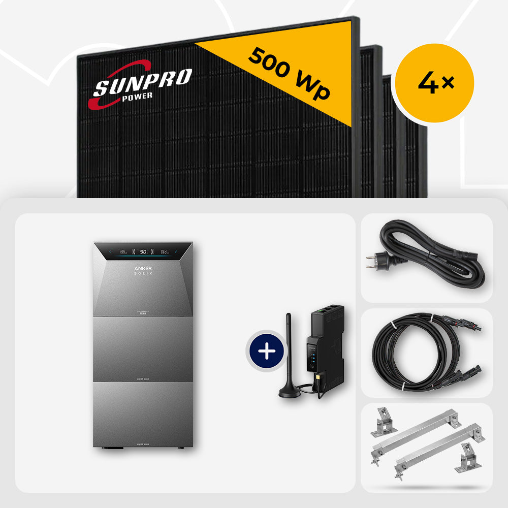 4x SunPro 500 Wp Bifazial Glas-Glas Full Black bifazial Anker Solarbank 4 Pro 15.0 kWh - Flachdach/Wand Edelstahl