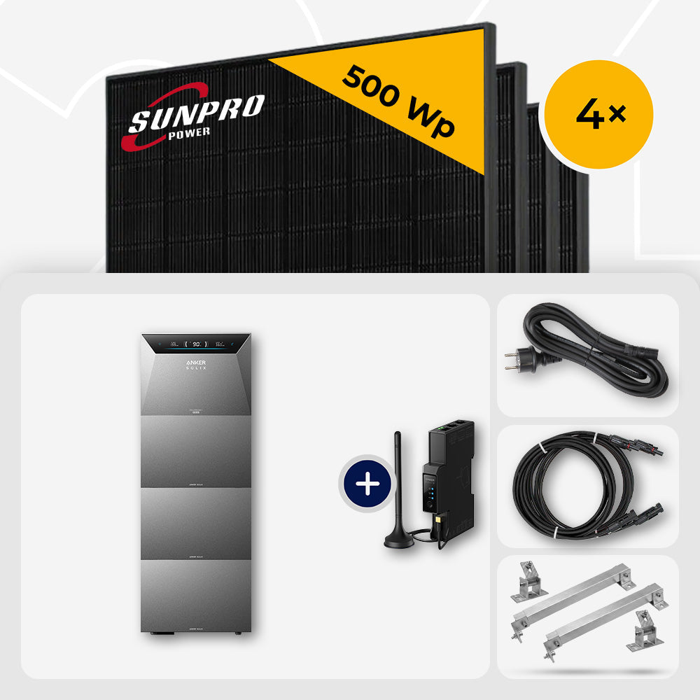 4x SunPro 500 Wp Bifazial Glas-Glas Full Black bifazial & Anker Solarbank 4 Pro 20.0 kWh - Flachdach/Wand Edelstahl