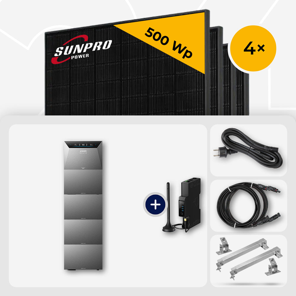 4x SunPro 500 Wp Bifazial Glas-Glas Full Black bifazial & Anker Solarbank 4 Pro 25.0 kWh - Flachdach/Wand Edelstahl