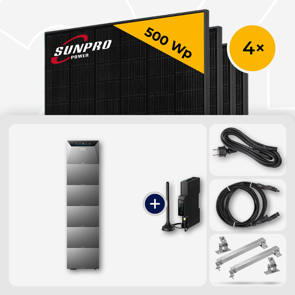 4x SunPro 500 Wp Bifazial Glas-Glas Full Black bifazial & Anker Solarbank 4 Pro 30.0 kWh - Flachdach/Wand Edelstahl
