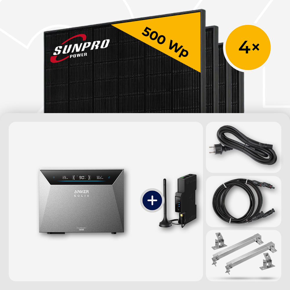 4x SunPro 500 Wp Bifazial Glas-Glas Full Black bifazial & Anker Solarbank 4 Pro 5.0 kWh - Flachdach/Wand Edelstahl