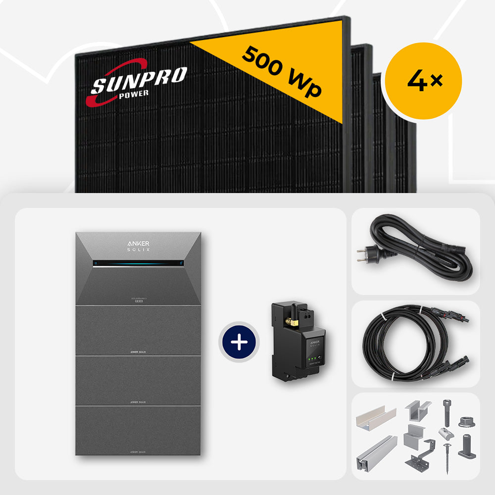 2000 Wp Balkonkraftwerk mit Speicher - 4x SunPro 500 Wp Full Black bifazial & Anker Solix Solarbank 3 Pro