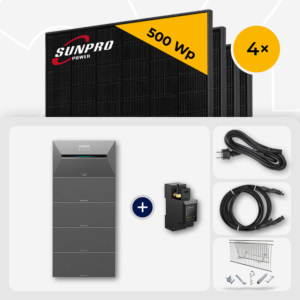 2000 Wp Balkonkraftwerk mit Speicher - 4x SunPro 500 Wp Full Black bifazial & Anker Solix Solarbank 3 Pro