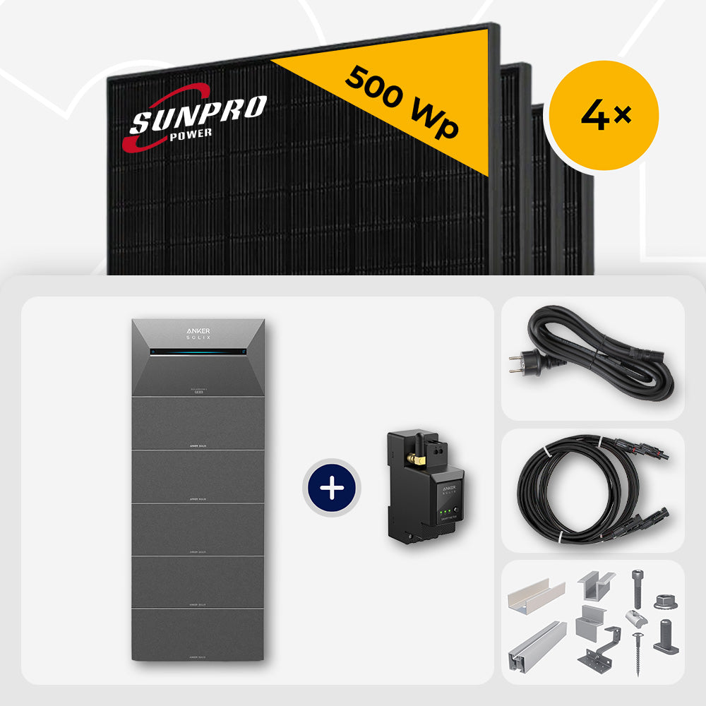 2000 Wp Balkonkraftwerk mit Speicher - 4x SunPro 500 Wp Full Black bifazial & Anker Solix Solarbank 3 Pro