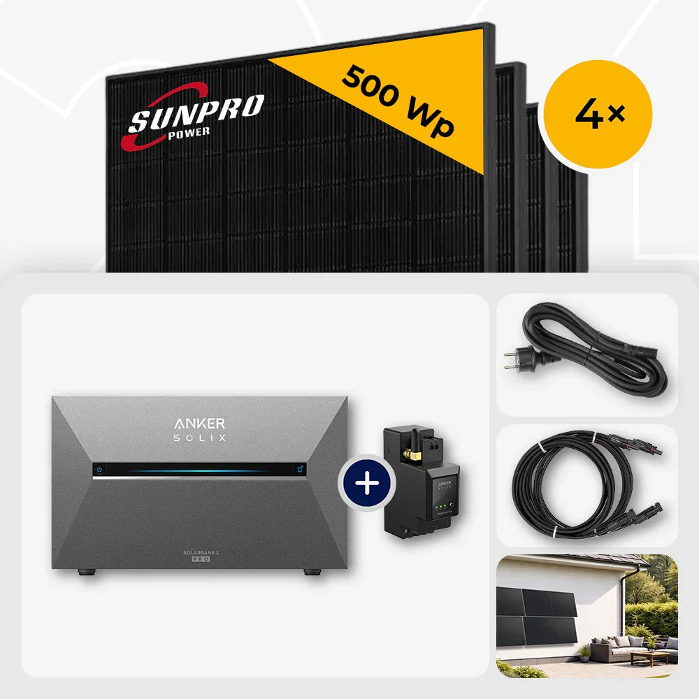 Sunpro 500 Wp Solarmodule, Anker Solix Solarbank 2,68 kWh