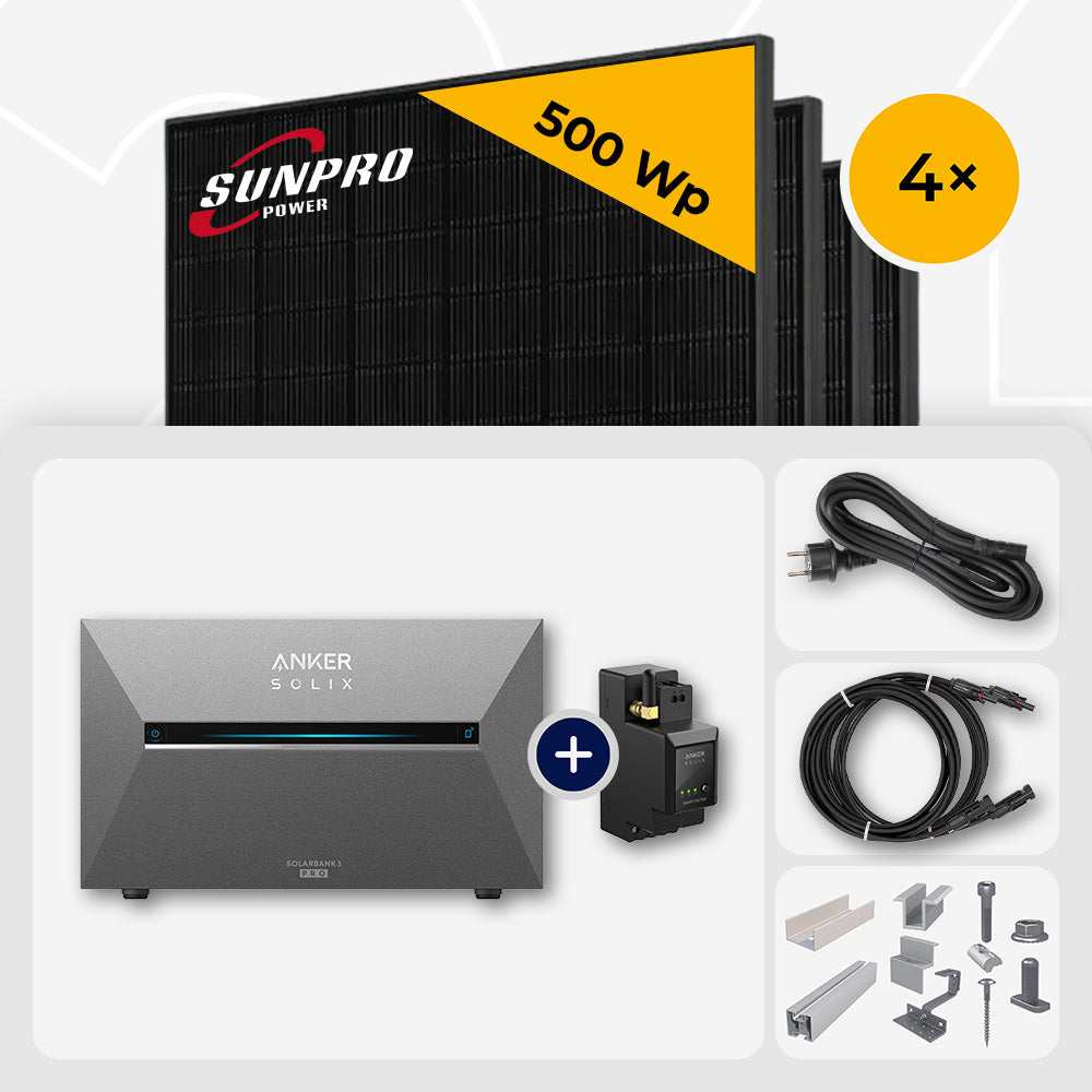 2000 Wp Balkonkraftwerk mit Speicher - 4x SunPro 500 Wp Full Black bifazial & Anker Solix Solarbank 3 Pro
