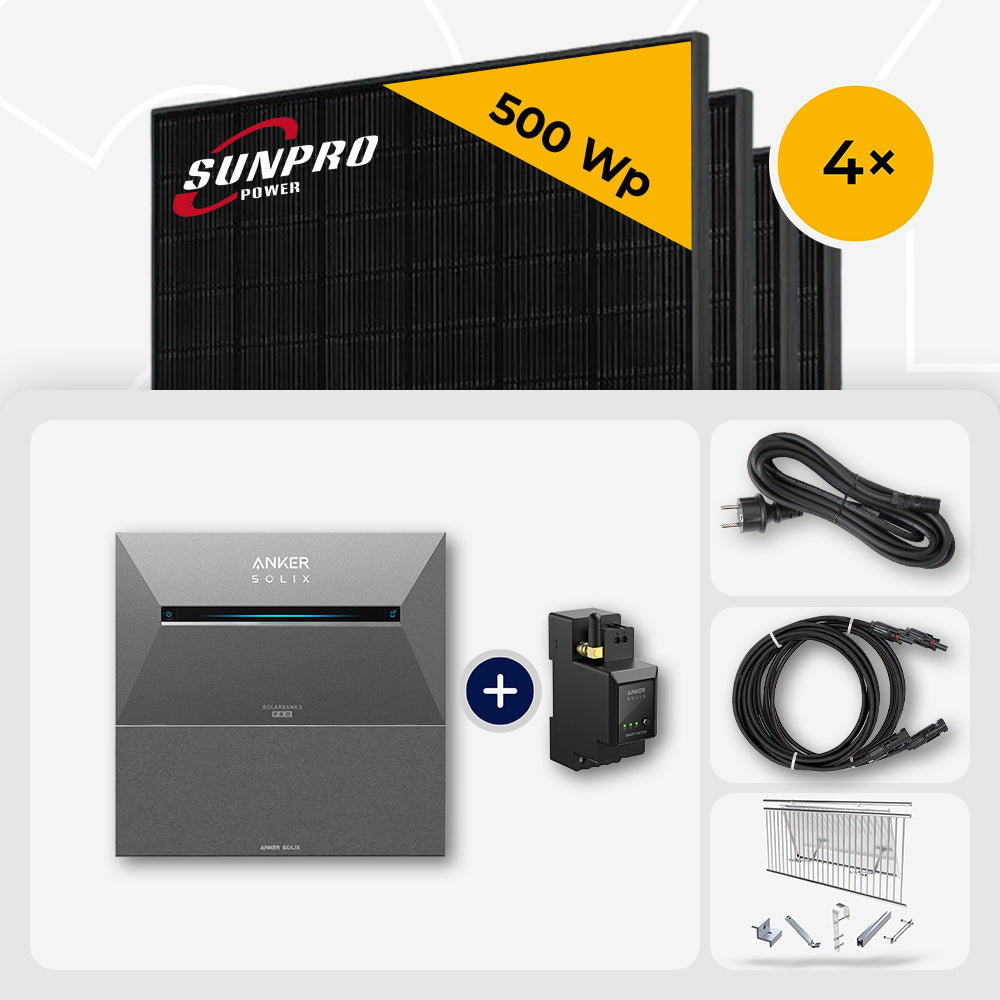 2000 Wp Balkonkraftwerk mit Speicher - 4x SunPro 500 Wp Full Black bifazial & Anker Solix Solarbank 3 Pro