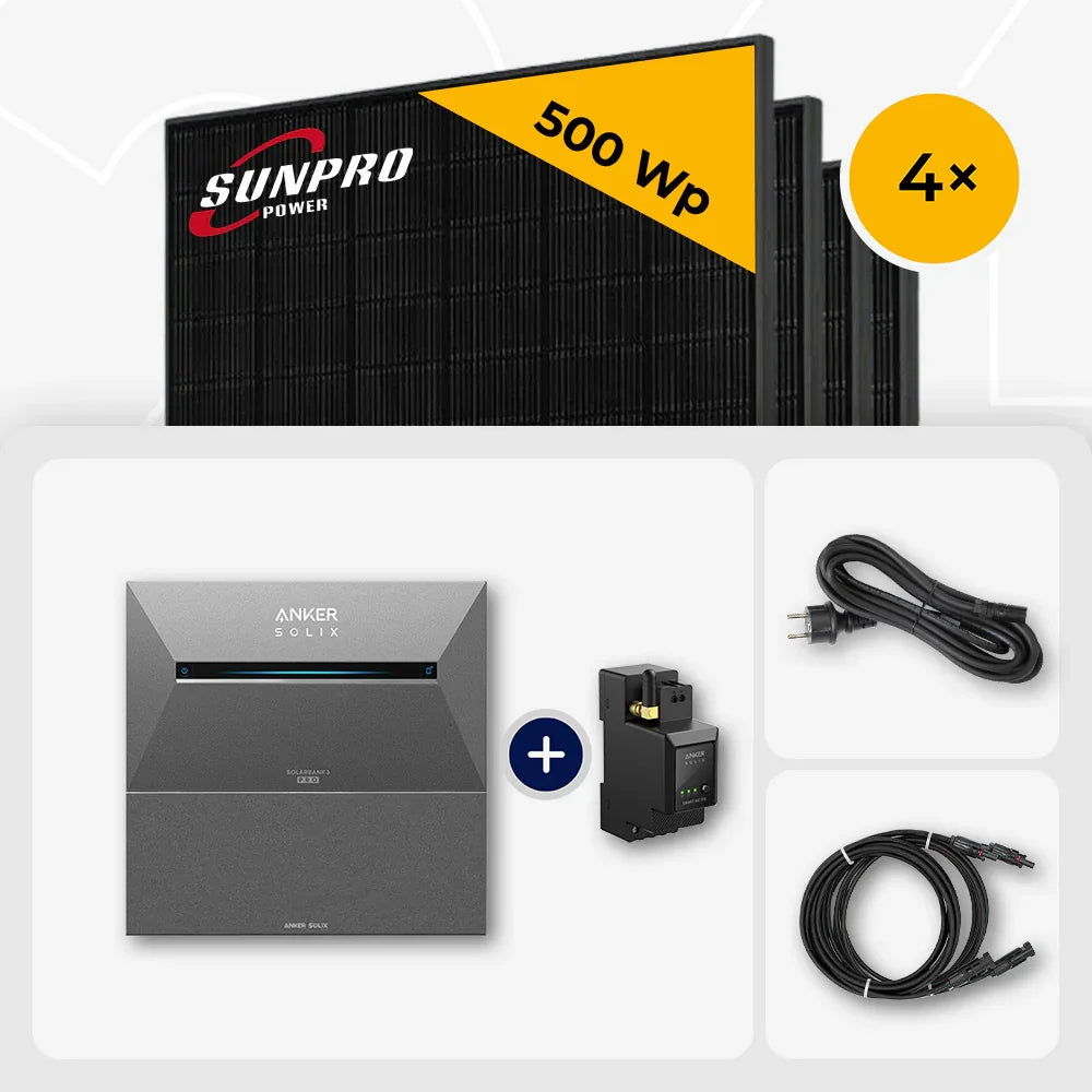 Sunpro 500 Wp Solarmodule, Anker Solix Solarbank 5,36 kWh