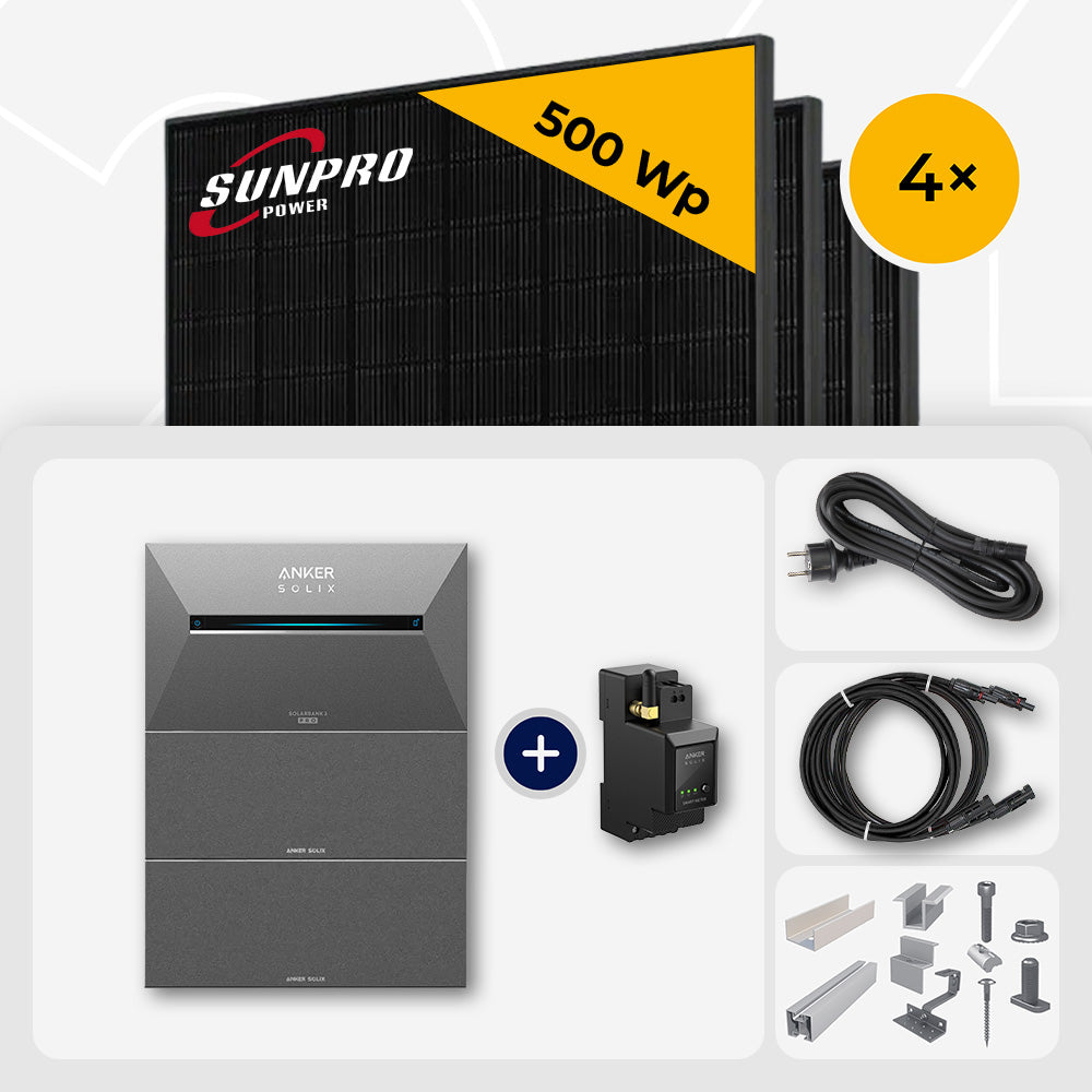 2000 Wp Balkonkraftwerk mit Speicher - 4x SunPro 500 Wp Full Black bifazial & Anker Solix Solarbank 3 Pro