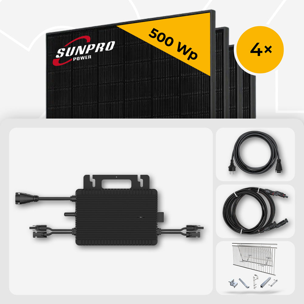 2000 Wp Balkonkraftwerk - 4x SunPro 500 Wp Full Black bifazial & Hoymiles HMS-800-2WB HiFlow Pro Wechselrichter