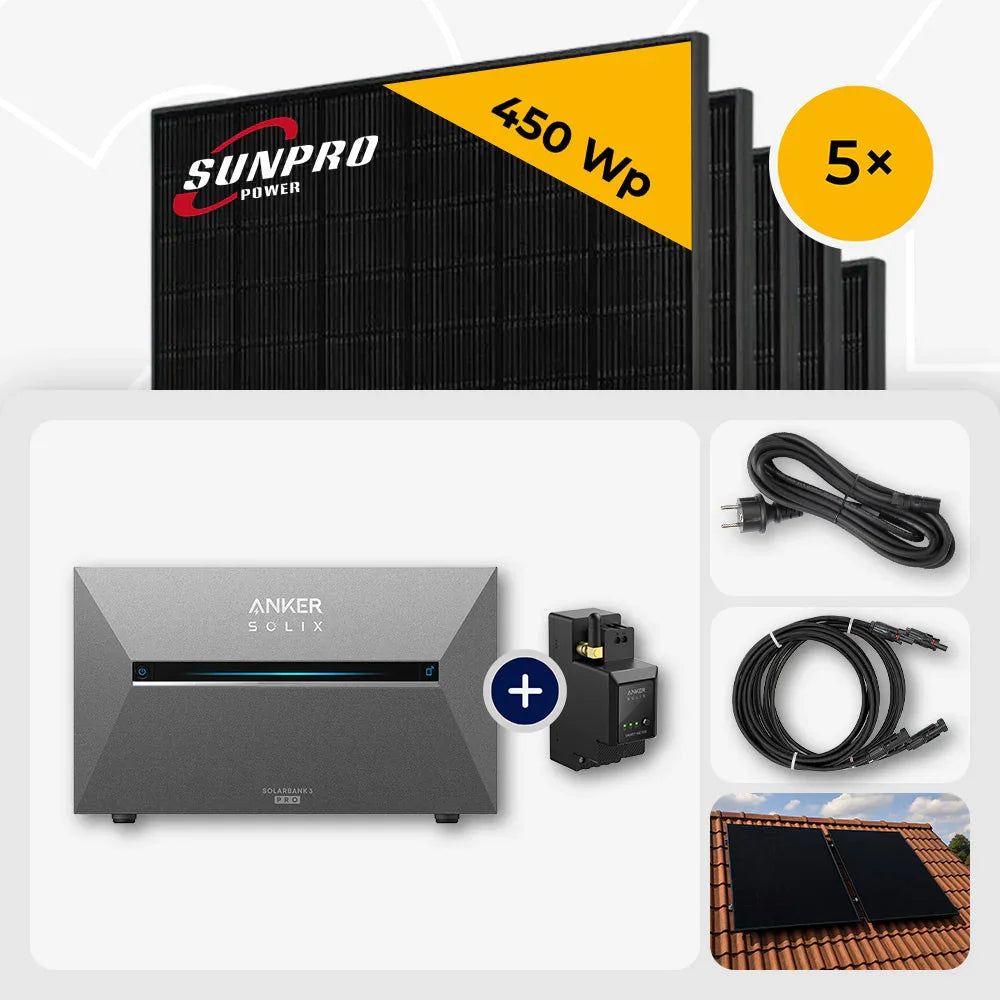Sunpro 450 Wp Solarmodule, Anker Solix Solarbank 2,68 kWh