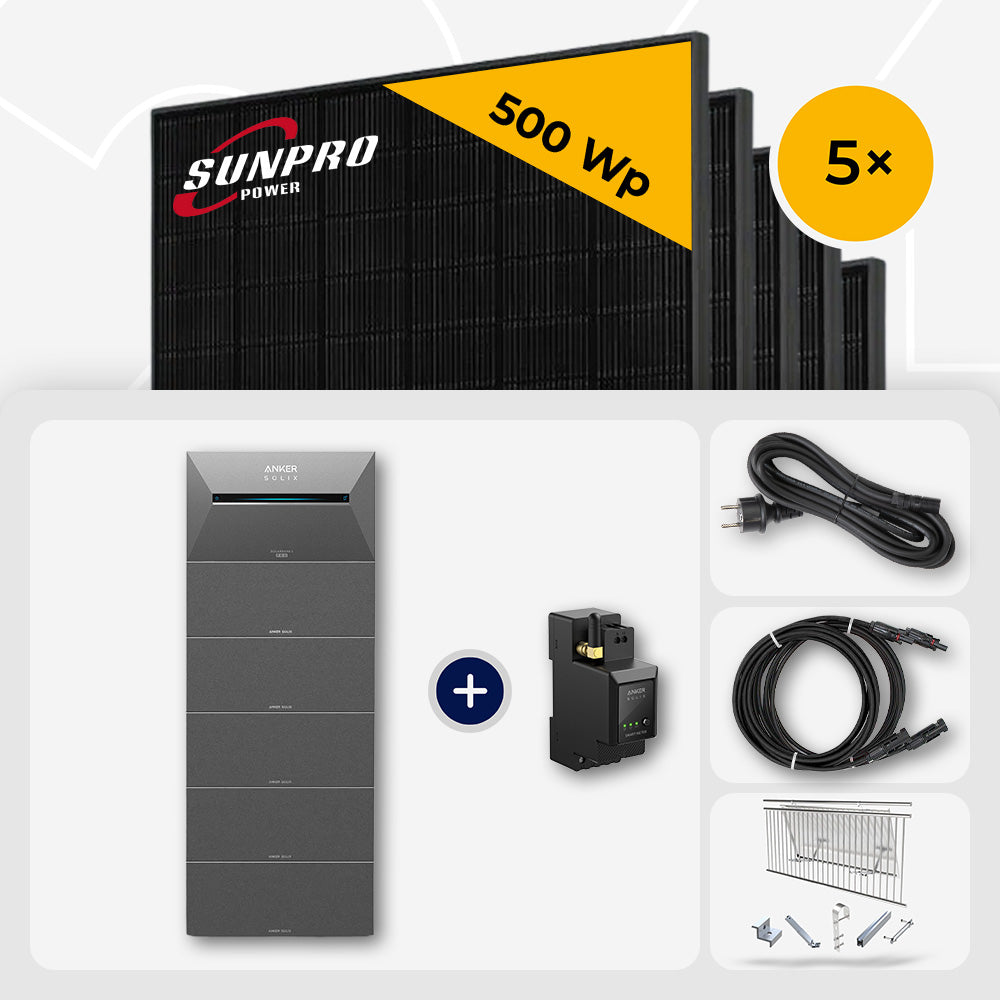 2500 Wp Balkonkraftwerk mit Speicher - 5x SunPro 500 Wp Full Black bifazial & Anker Solix Solarbank 3 Pro