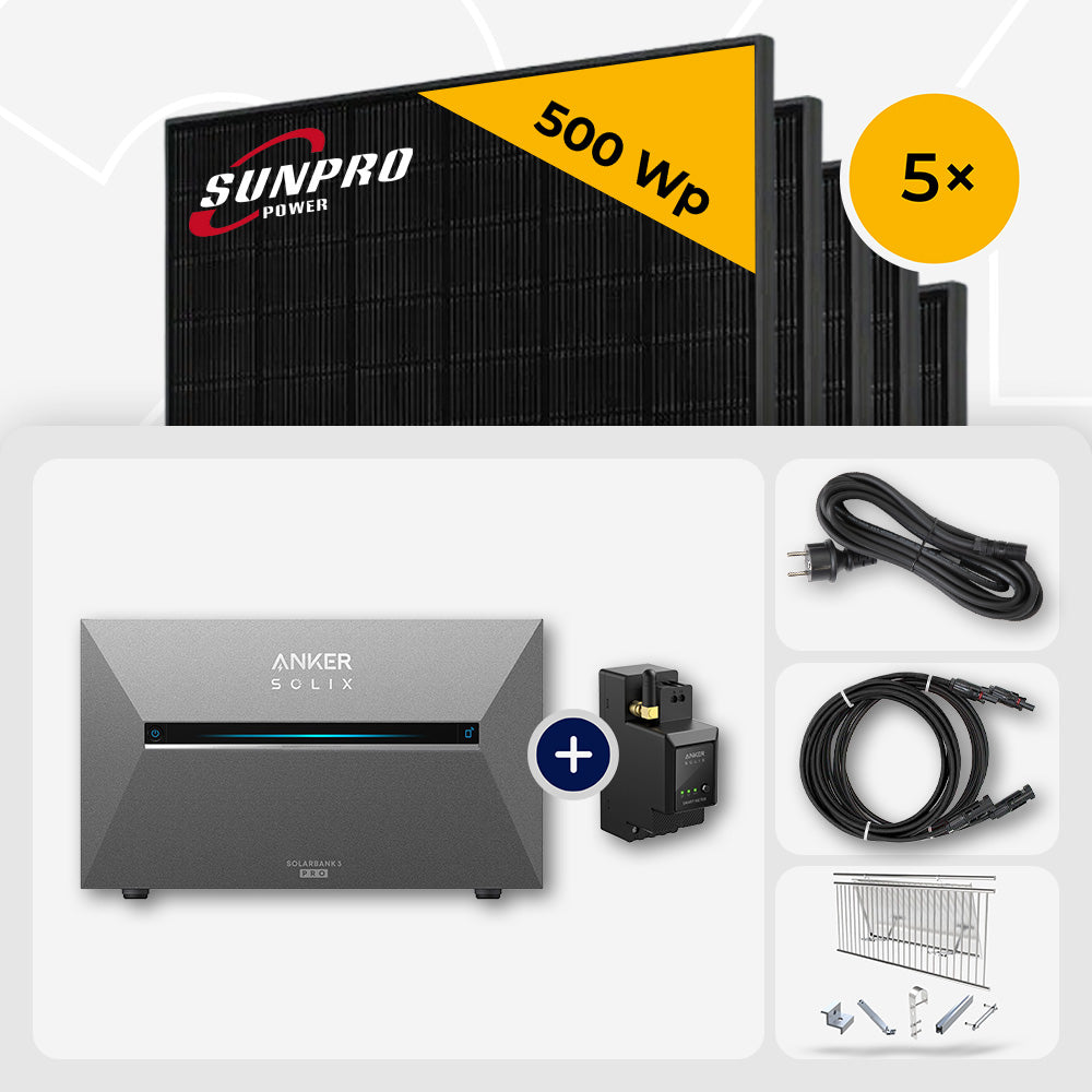 2500 Wp Balkonkraftwerk mit Speicher - 5x SunPro 500 Wp Full Black bifazial & Anker Solix Solarbank 3 Pro