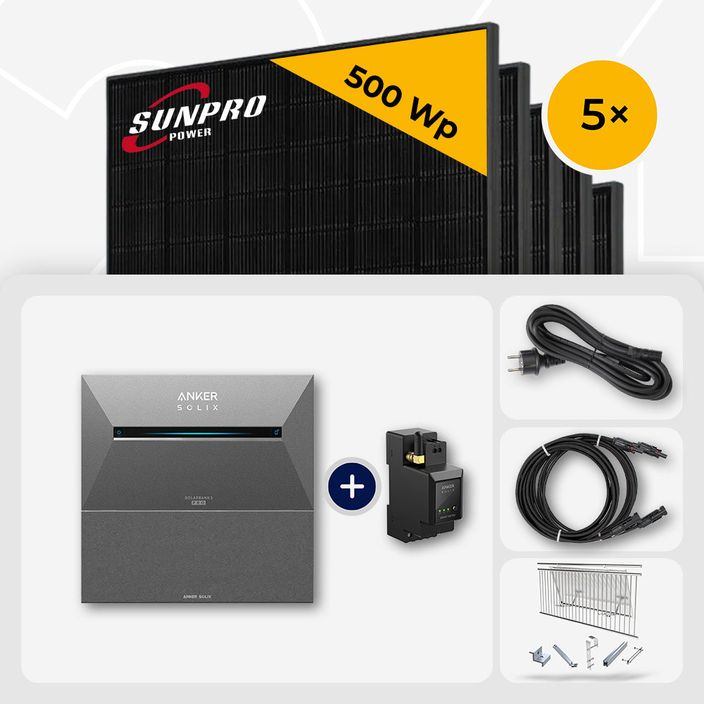 2500 Wp Balkonkraftwerk mit Speicher - 5x SunPro 500 Wp Full Black bifazial & Anker Solix Solarbank 3 Pro