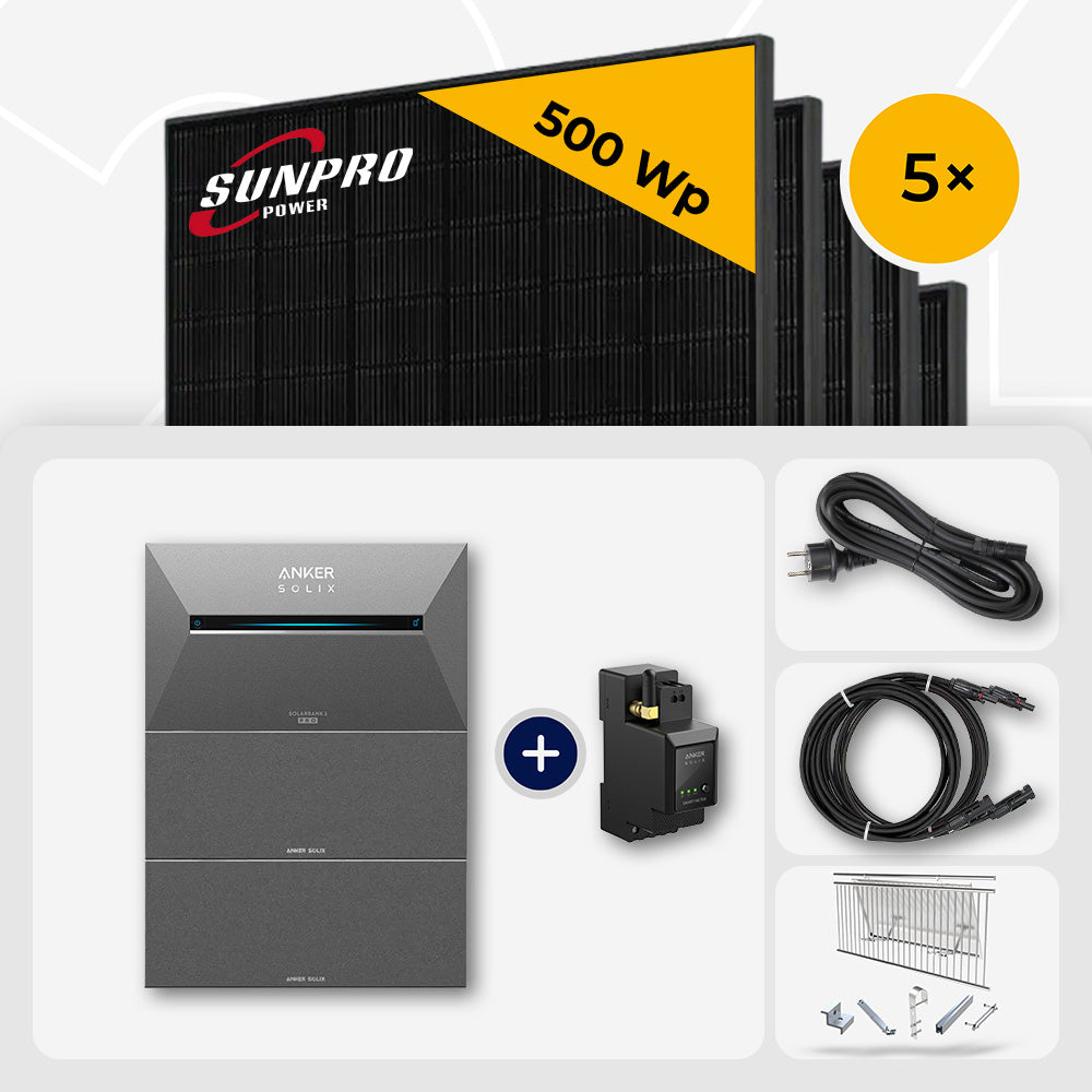 2500 Wp Balkonkraftwerk mit Speicher - 5x SunPro 500 Wp Full Black bifazial & Anker Solix Solarbank 3 Pro