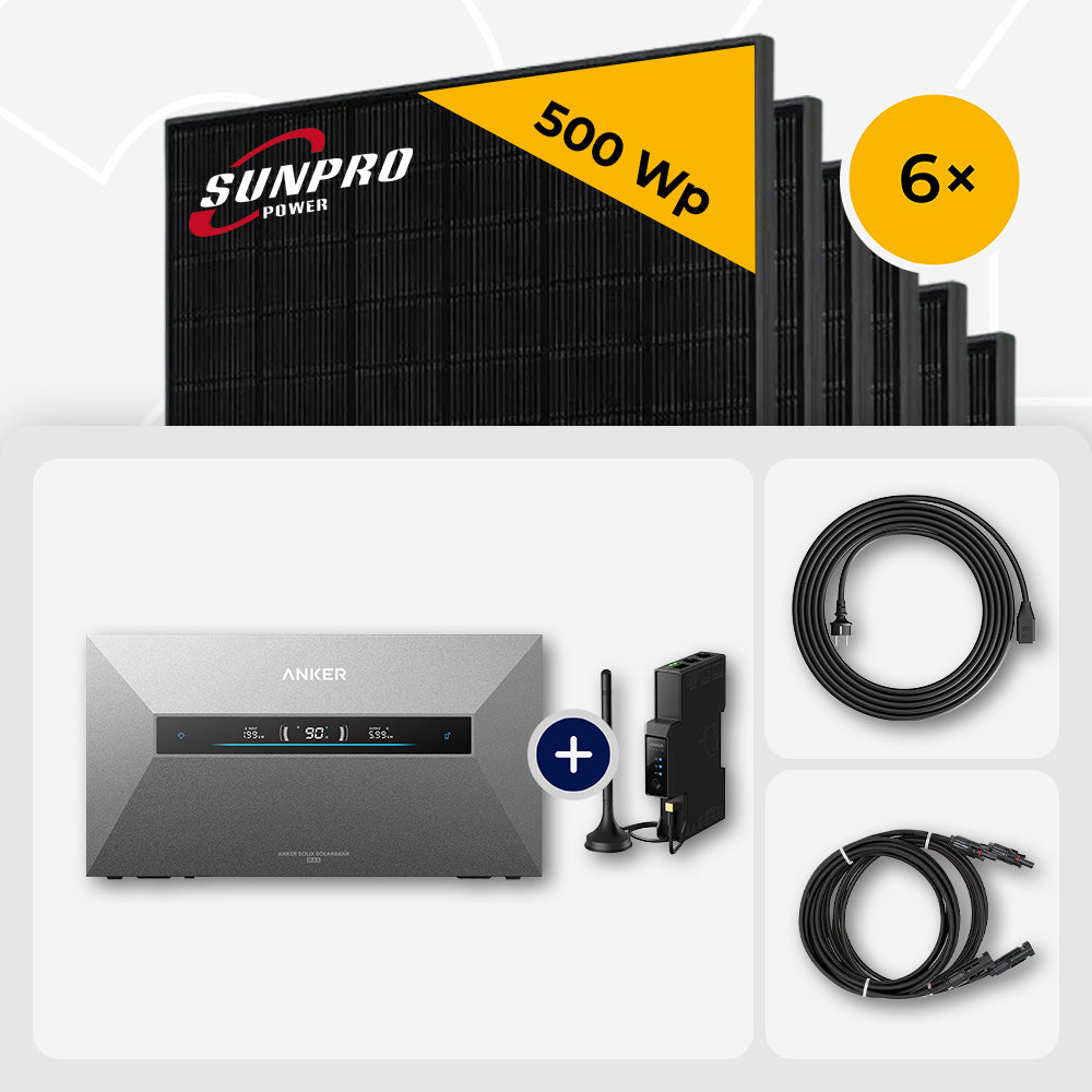 3000-10.000 Wp Balkonkraftwerk mit Speicher – 6-20x SunPro 500 Wp Full Black bifazial & Anker Solix Solarbank Max