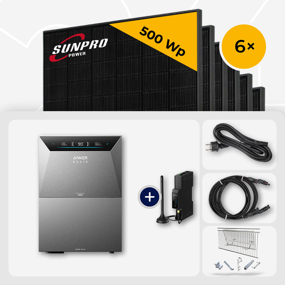 3000 Wp Balkonkraftwerk mit Speicher – 6x SunPro 500 Wp Full Black bifazial & Anker Solix Solarbank 4 Pro