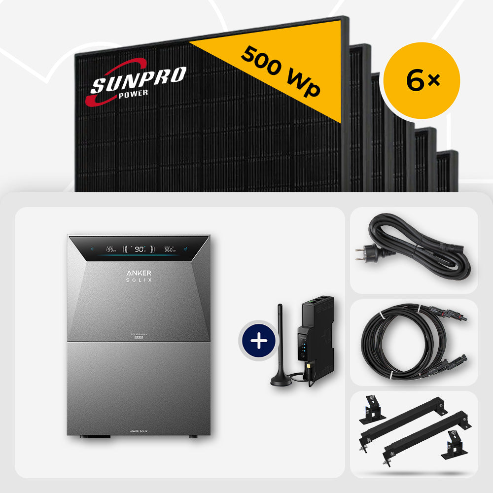 3000 Wp Balkonkraftwerk mit Speicher – 6x SunPro 500 Wp Full Black bifazial & Anker Solix Solarbank 4 Pro