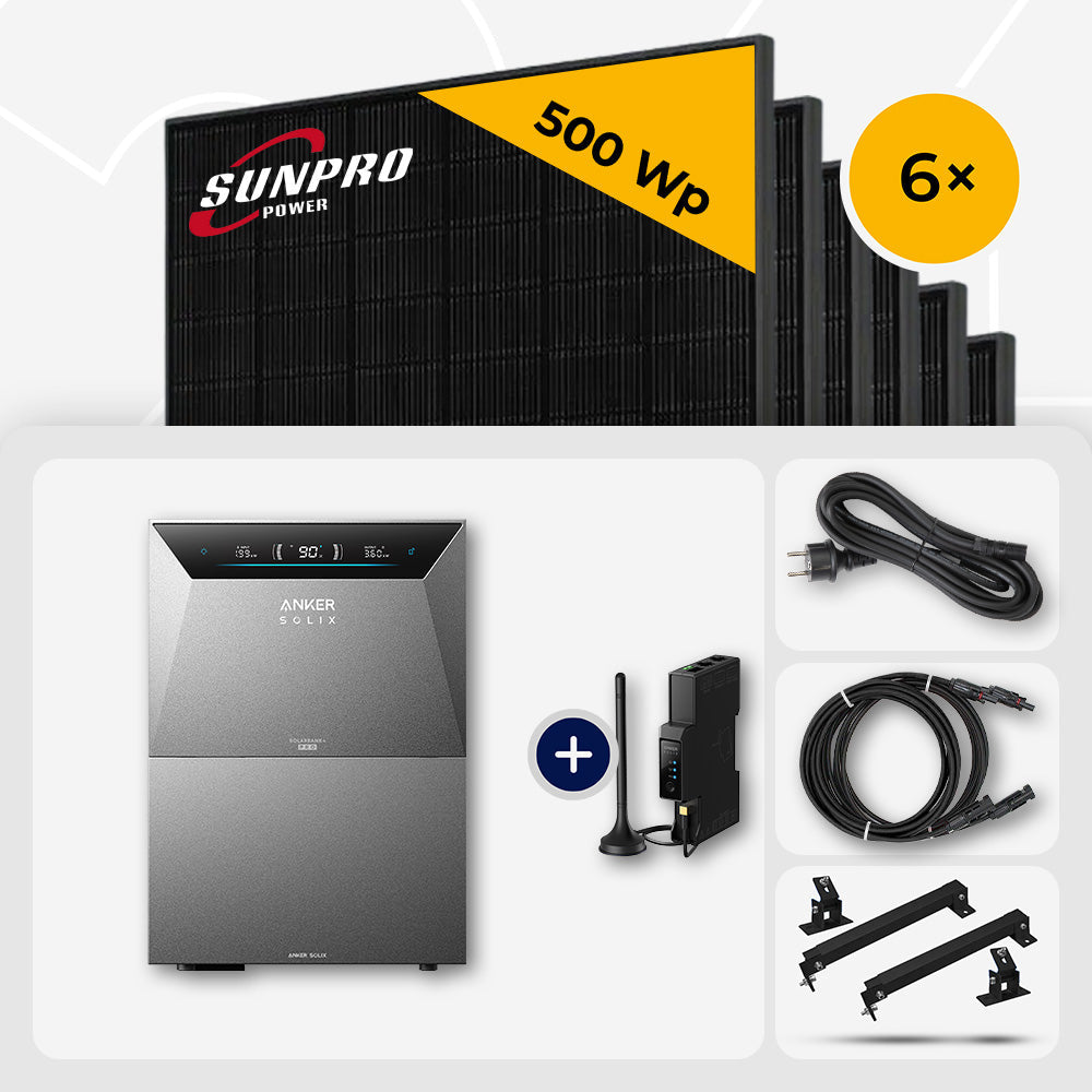 3000 Wp Balkonkraftwerk mit Speicher – 6x SunPro 500 Wp Full Black bifazial & Anker Solix Solarbank 4 Pro