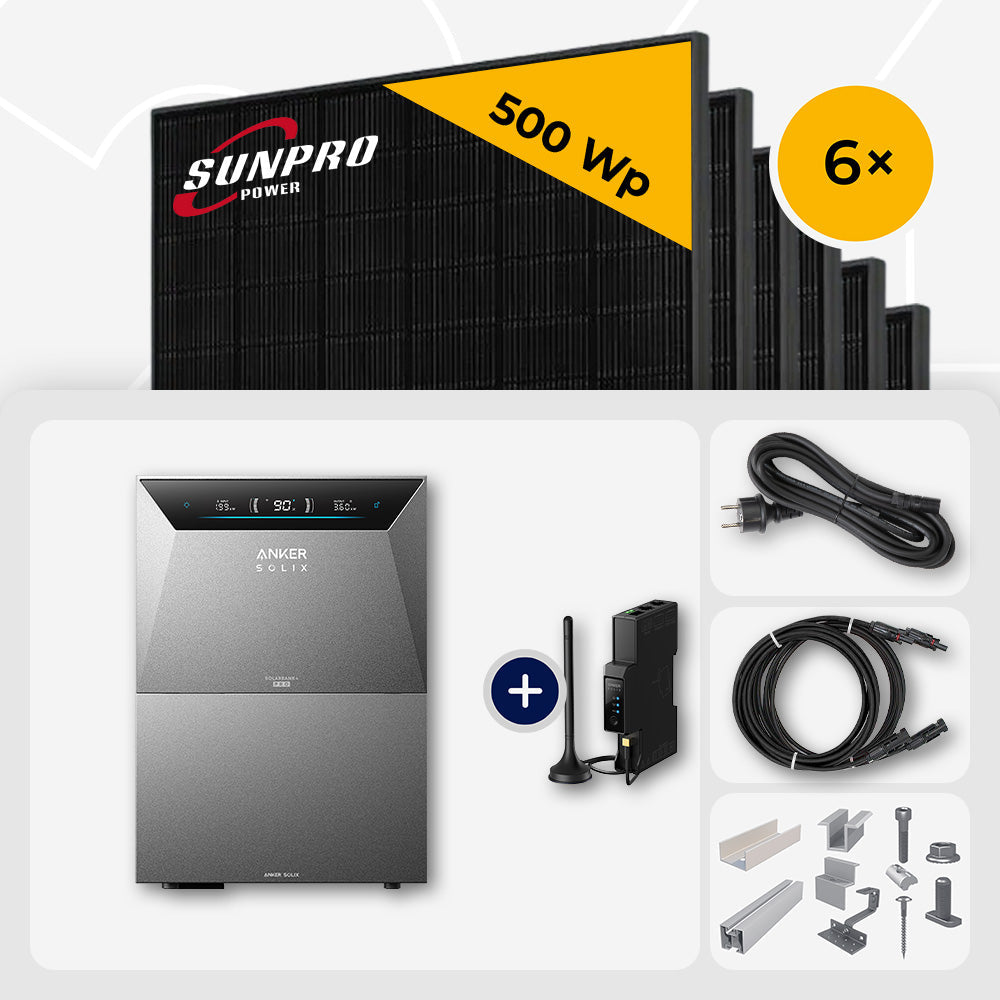 3000 Wp Balkonkraftwerk mit Speicher – 6x SunPro 500 Wp Full Black bifazial & Anker Solix Solarbank 4 Pro